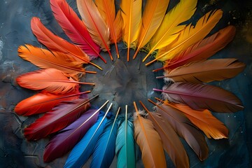 Poster - Vibrant Circle of Feathers: A Colorful Display of Nature's Palette