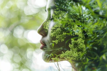 double exposure of a woman profile and a forest, blending nature with human form. Perfect for eco friendly or mindfulness campaigns, promoting harmony and inner peace.