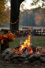 Autumn Bonfire with Pumpkins and Fairy Lights in a Rustic Setting