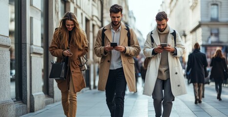 People walking to office in the morning busy with their mobile p, Generative AI