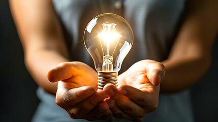 Aufkleber - Hands cradling a bright lightbulb, with a bold arrow pointing upwards through the center of the bulb, representing progress and creativity, set against a dark backdrop