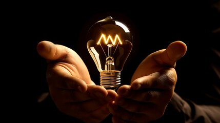 Aufkleber - Hands cradling a bright lightbulb, with a bold arrow pointing upwards through the center of the bulb, representing progress and creativity, set against a dark backdrop