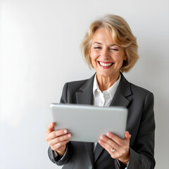 a woman is holding a tablet with a smile  