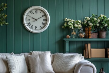 Stylish living room interior at elegant apartment with white clock, boxes and elegant accessories on the shelf. Green wood panelling. Modern home staging. Template. Home decor. Copy, Generative AI