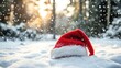 © Postproduction - Red Santa hat on snow in winter landscape