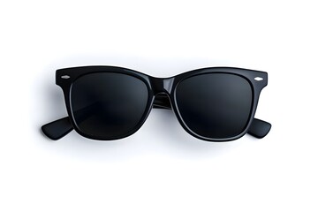 A pair of classic black sunglasses, isolated on a white background, with dark lenses and a sleek frame design