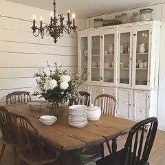 Poster - Farmhouse dining room with rustic wooden table, white painted cabinets, and a chandelier.