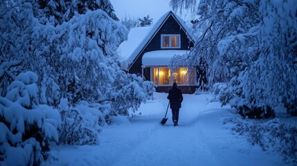 Poster - A solitary figure shovels snow along a path leading to a warmly lit cabin surrounded by trees. The scene captures the serene beauty of a snowy evening in a quiet forest setting.