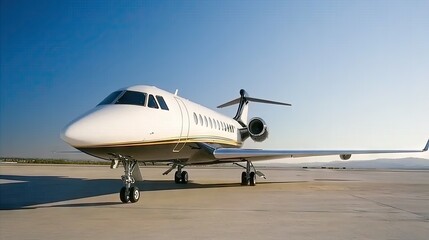 A luxurious black private jet with gold trim parked on a sunlit tarmac under a clear blue sky