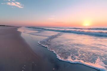 Wall Mural - Serene Sunset at the Beach with Gentle Waves and Soft Sand