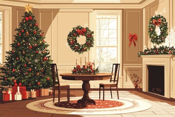 Wall Mural - Interior design of christmas dinning room interior with table, christmas tree,  stylish chair, wreath, candle with candle stick, wooden console and personal accessories. Home decor, Generative AI