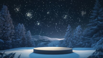 Aufkleber - An empty circular platform sits in the center of a snowy forest clearing. Tall, snowy trees line the edges of the clearing, and a distant mountain range can be seen in the background.