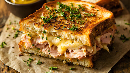 Gourmet Artisan Ham and Cheese Toastie with Fresh Herbs and Tangy Mustard for a Flavorsome Experience