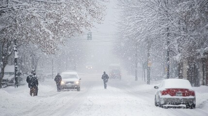 snowstorm, blizzard, snow storm. people make their way through gusty strong wind. snowy urban landsc