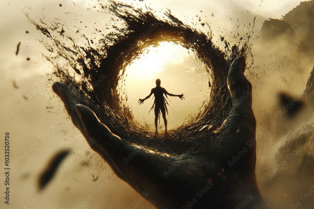 Surreal artwork of a person emerging from a swirling vortex ...