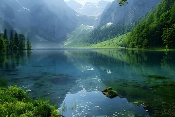 Wall Mural - Serene Mountain Lake Surrounded by Lush Greenery and Majestic Peaks