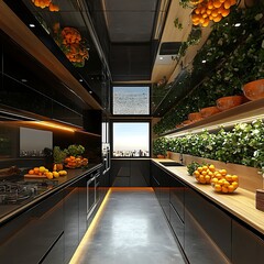 Poster - Modern Kitchen Design with Green Wall and City View.