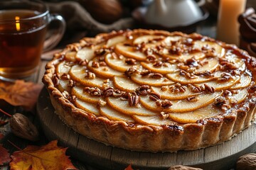 Wall Mural - Apple pie decorated with lattice overhead shot, fall baking concept