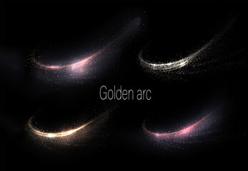 Wall Mural - Set of isolated golden glitter arches with small tinsel on black background.