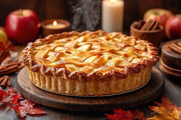 Wall Mural - Apple pie decorated with lattice overhead shot, fall baking concept