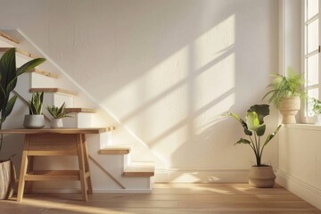 Farmhouse home interior design of modern living room with wooden staircase.