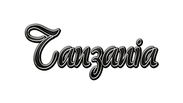black metal 3d design of Country name Tanzania on white background.