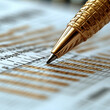 © PuriStudio - close up view of golden pen resting on document filled with data and charts, symbolizing analysis and decision making. intricate details of pen and structured layout of document evoke sense of
