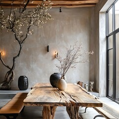 Wall Mural - Minimalist Interior Design with Wooden Table and Branch Decor.