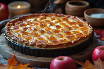 Wall Mural - Apple pie decorated with lattice overhead shot, fall baking concept