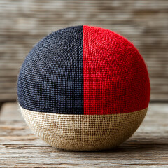 textured ball featuring striking design with black, red, and natural burlap color scheme, resting on rustic wooden surface. This minimalistic piece adds unique touch to any decor