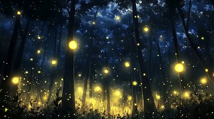 Poster - Enchanting Nighttime Forest with Glowing Fireflies.