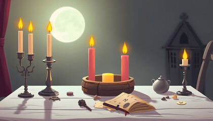 Witch altar. Concept of fortune telling and predictions of fate, candle magic and wicca elements on a table isolated with white highlights, png