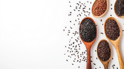 Wall Mural - Spoons filled with black, red, and brown rice on a white background with scattered grains.