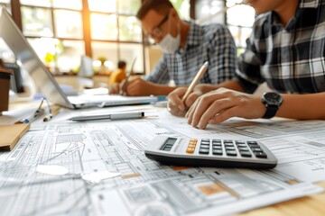 Fototapete - Collaborative Work on Architectural Plans with Calculations and Technology