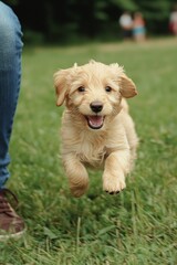  Cheerful Golden Puppy Playfully Running on Green Grass - Heartwarming Pet Adoption Concept
