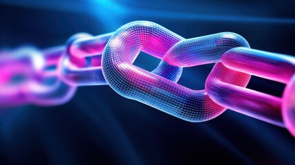 3D chain link with vibrant colors on a blue background, digital technology concept.