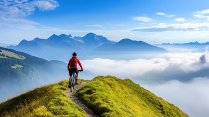 A cyclist enjoys a scenic mountain view on a vibrant, sunny day.