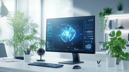 Poster - An inviting telehealth workspace showcasing a computer monitor, webcam, and a clutter-free environment with ample natural lighting.