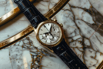 Sticker - Luxury Wristwatch on Marble Surface Showcasing Exquisite Craftsmanship and Design Elements