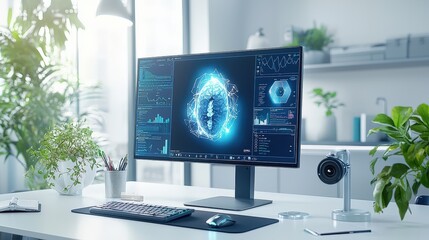 Poster - An inviting telehealth workspace showcasing a computer monitor, webcam, and a clutter-free environment with ample natural lighting.