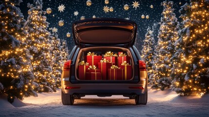 Poster - The scene shows a roomy car trunk filled with beautifully wrapped gifts, surrounded by snow-covered trees decorated with twinkling lights, embodying the warmth of winter celebrations.