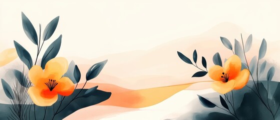 Wall Mural - Abstract floral design with vibrant orange flowers and delicate green leaves.