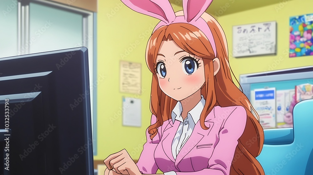 Anime Girl with Bunny Ears Sitting at a Desk Working on a Computer ...