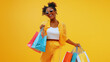 © LordTonGz - A cheerful young African American woman strikes a playful pose against a bold yellow background, exuding confidence and joy. Dressed in trendy summer attire with stylish sunglasses.