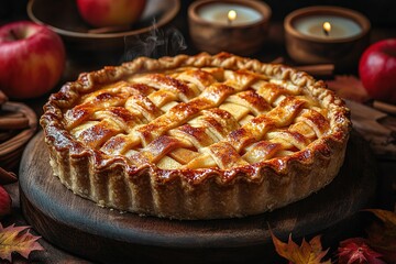 Wall Mural - Apple pie decorated with lattice overhead shot, fall baking concept