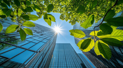 
plant and Modern office glass buildings in the financial district, view from below