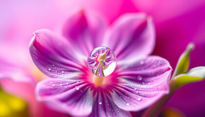 Beautiful macro shot of magic flowers.Border art design. Magic light.Extreme close up photography.Conceptual abstract image.Violet and Pink Background.Fantasy Art.Creative Wallpaper.Water Drop isola