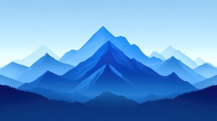 layered blue mountains against a serene blue gradient sky.