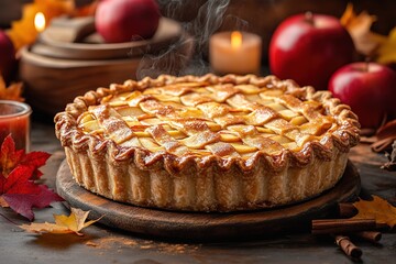 Wall Mural - Apple pie decorated with lattice overhead shot, fall baking concept