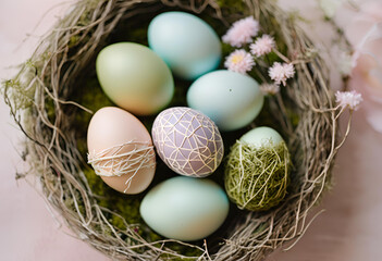 beautiful color easter egg inside a nest